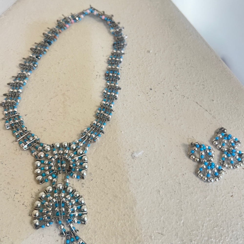 1970's Silvertone Turquoise Safety Pin Necklace & Earring Set Southwestern‎ - Picture 9 of 12